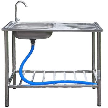 Preview: Stainless steel sink unit for outdoor kitchen – DIN 430 stainless steel 18/10 utility sink with tap, height‑adjustable legs and hose connection