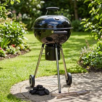 Barbecue boule Ø47 cm – Barbecue au charbon de bois mobile avec 2 roues & thermomètre, brasero émaillé, bac à cendres & régulation du tirage