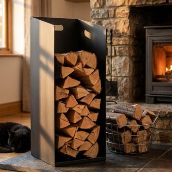 Preview: Elegantes Kaminholz- und Brikettregal 30x30x75 cm – Stabiles Kaminholzregal, pulverbeschichtetes Metall in Schwarz, Robuster Holzaufbewahrung-Ständer