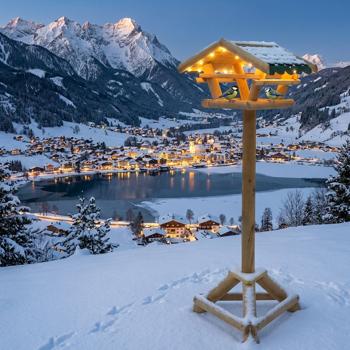 Preview: Mangeoire pour oiseaux avec éclairage LED et minuterie, H120 cm – station de nourrissage en bois pour oiseaux sauvages au jardin, sur balcon et terrasse