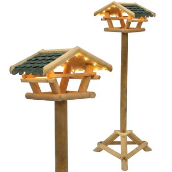 Preview: Mangeoire pour oiseaux avec éclairage LED et minuterie, H120 cm – station de nourrissage en bois pour oiseaux sauvages au jardin, sur balcon et terrasse