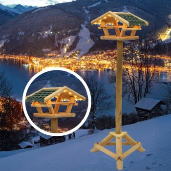 Preview: Mangeoire pour oiseaux avec éclairage LED et minuterie, H120 cm – station de nourrissage en bois pour oiseaux sauvages au jardin, sur balcon et terrasse