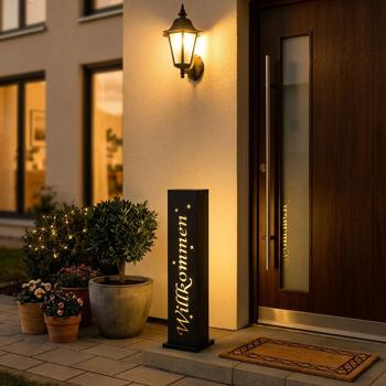 Preview: LED-Stele Willkommen aus Metall 90cm mit Beleuchtung & Timer – Leuchtende Dekosäule für Haustür, Eingangsbereich, Terrasse & Wintergarten