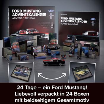 Preview: Ford Mustang Adventskalender – Fastback Modellauto 1:43 Bausatz in Schwarz mit V8 Soundbasis, Begleitbuch & Zubehör – Geschenk für Auto Fans