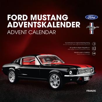 Ford Mustang Adventskalender – Fastback Modellauto 1:43 Bausatz in Schwarz mit V8 Soundbasis, Begleitbuch & Zubehör – Geschenk für Auto Fans