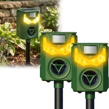 Set of 2 solar & USB animal repellers with ultrasound & flame light – reliable protection for garden, yard & field against wild animals, cats & dogs