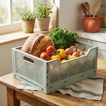 Stylish grey-green folding crate – Rectangular folding box with handles, stackable & space-saving – Perfect storage (40 x 30 x 17 cm) for home & office