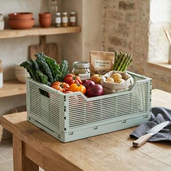 Preview: Stylish grey-green folding crate – Rectangular folding box with handles, stackable & space-saving – Perfect storage (40 x 30 x 17 cm) for home & office