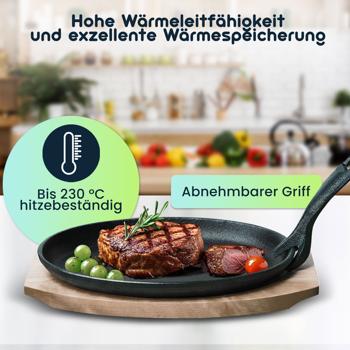 Preview: Massive Profi Servierpfanne aus Gusseisen mit Holz-Untersetzer, 24 x 14 x 2,2 cm, Abnehmbarer Griff bis 230 °C hitzebeständig 