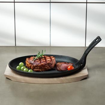 Preview: set di 4 solidi tegami professionali in ghisa con sottopentola in legno, 24 x 14 x 2,2 cm, manico rimovibile resistente al calore fino a 230 °C 