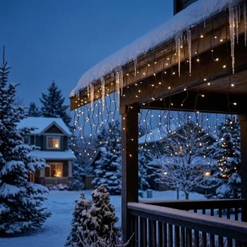 Preview: Catena luminosa a pioggia di ghiaccio da esterno 360 LED bianco caldo 9 m – tenda luminosa a ghiaccioli per grondaia, terrazza e facciata, IP44, timer, 7 modalità