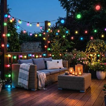 Catena luminosa party RGB Wi‑Fi 10,8 m con 48 sfere LED Ø 30 mm – controllo tramite app e voce, modalità musica, timer, per esterno IP65