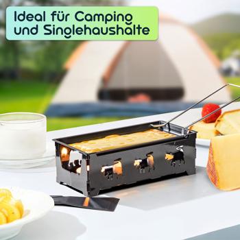 Preview: Teelicht-Raclette für 1-2 Personen, Raclette Set ohne Strom inkl. Teelichtern & Schaber, Metall mit originell ausgestanzten Kühen, antihaftbeschichtet