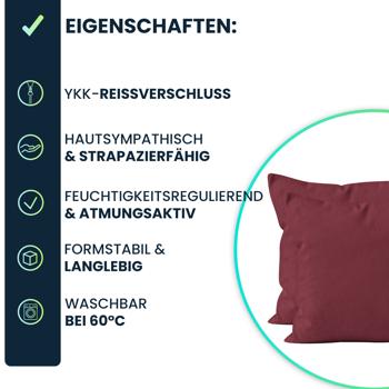 Preview: Kissenbezug 2er-Set 40x40 Bordeaux - Hochwertige Baumwolle Kissenhüllen für Deko, Bett & Sofakissen - Langlebig, Pflegeleicht & mit Reissverschluss