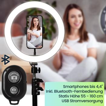 Preview: Professionelles LED-Ringlicht, Stativ-Ständer und Smartphone-Halterung, Fernauslöser, Ø 10