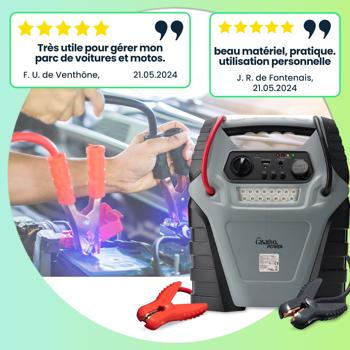 Preview: Booster de démarrage 5 en 1 avec batterie et compresseur – 12 V, 20 Ah, 100 A, 150 psi – puissant, mobile, polyvalent – pour voiture, moto, plein air Preview: Booster de démarrage 5 en 1 avec batterie et compresseur – 12 V, 20 Ah, 100 A, 150 psi – puissant, mobile, polyvalent – pour voiture, moto, plein air