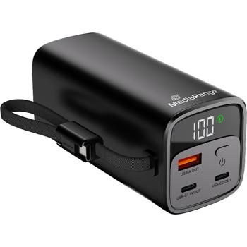 Mobiler Zusatzakku, Powerbank 20000mAh mit integriertem Ladekabel, LC-Display: Schnellladen 65W Power Delivery für Smartphone, Notebooks - USB-C/USB-A