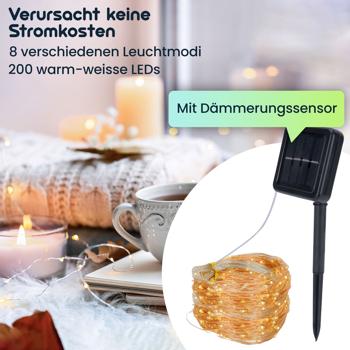 Preview: Solar Kupferdraht Lichterkette 22m, 200 warmweisse LEDs, IP44 – Perfekt für Garten, Balkon oder Terrasse