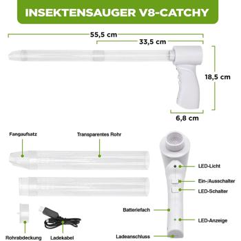 Preview: Elektrischer Insekten- und Spinnensauger mit Teleskopstiel und LED-Lebendfalle, wiederaufladbar - für eine schonende hygienische Entfernung
