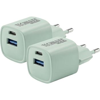 Set of 2 – 30W GaN mini fast charger: 6× faster charging, USB‑C & USB‑A power adapter – powerful compact charger, green