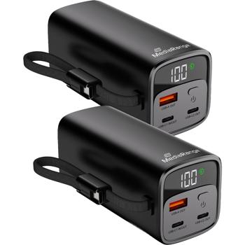 2er-Set Mobiler Zusatzakku, Powerbank 20000mAh mit integriertem Ladekabel, LC-Display: Schnellladen 65W Power Delivery - USB-C/USB-A