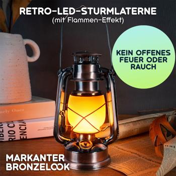 Preview: Retro-LED-Sturmlaterne (25cm) mit Flammen-Optik – Klassische, batteriebetriebene Laterne in Bronze, wetterfest, für Garten & Balkon