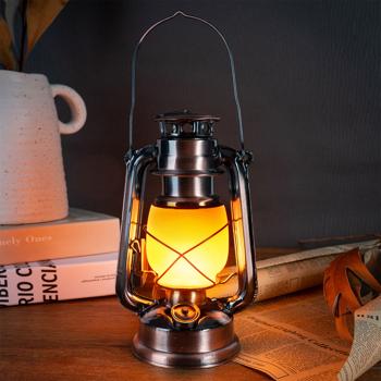 Preview: Lampe-tempête LED effet flamme bronze 25 cm - Ambiance chaleureuse sans feu ni suie pour balcon jardin camping - Fonctionne à piles