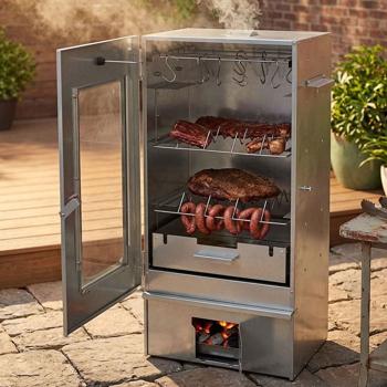 Preview: Räucherofen mit Sichtfenster & Thermometer – 3 Etagen Räuchertonne & Räucherschrank für Fisch & Fleisch, inkl. 12 S-Haken & Rost-Set