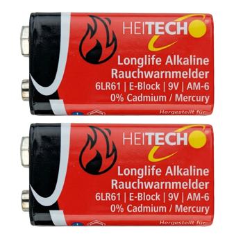 Preview: Alkaline Longlife Batterien 9V E-Block 6LR61, 2er-Pack, Blockbatterie für Rauchwarnmelder, Betriebstemperatur -10 bis +50 °C