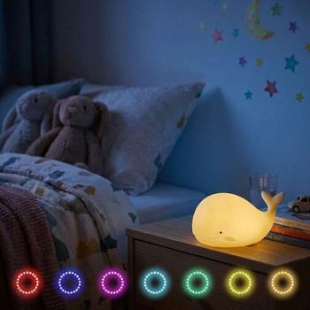 Preview: Veilleuse baleine en silicone, veilleuse LED pour enfants rechargeable avec batterie, blanc chaud et changement de couleur RGB, minuteur 3 h, commande par tapotement, USB‑C