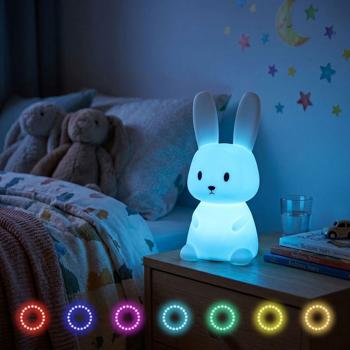 Preview: Veilleuse lapin en silicone, veilleuse LED pour enfants rechargeable avec batterie, blanc chaud et changement de couleur RGB, minuteur 3 h, commande par tapotement, USB-C