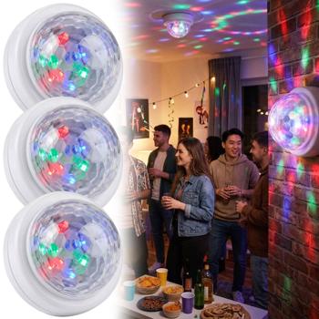 Set da 3 mini luci LED da discoteca con sensore sonoro, luce party con giochi di luce a ritmo di musica, pulsante on/off, incl. 3x batterie Micro/AAA