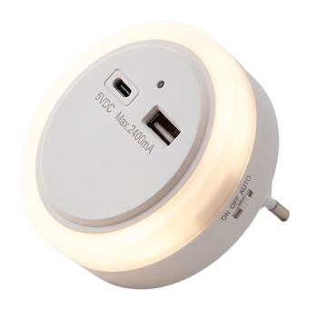 Veilleuse LED avec chargeur USB et capteur crépusculaire, USB-A et USB-C, 5 V max. 2,4 A, On/Off/Auto, blanche