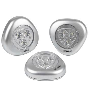 3er-Set LED Push-Lichter mit je 3 LEDs: Kompakte Touch-Lampen, batteriebetrieben inkl. 3x AAA - mit Klebestreifen und Halter, silber