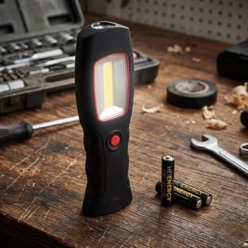 Preview: 3 watt COB LED work light with integrated torch, hook and magnets, anti-slip coating, 200 lumens, battery-powered