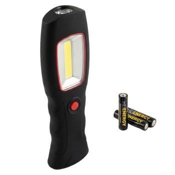 3 watt COB LED work light with integrated torch, hook and magnets, anti-slip coating, 200 lumens, battery-powered
