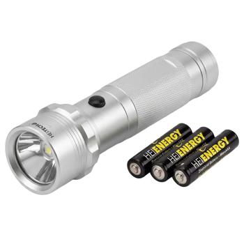 Preview: Alu-Taschenlampe mit 14 LEDs, robustes Aluminium-Gehäuse, Ein-/Ausschalter, betriebsbereit inkl. 3x AAA Batterien, silber, Handlampe