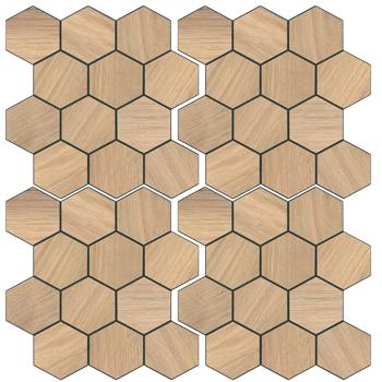 Preview: Self-adhesive tile stickers, hexagon wood effect – 4 pieces, 25 × 23.2 cm SPC wall tiles, waterproof – tiles for kitchen and bathroom walls