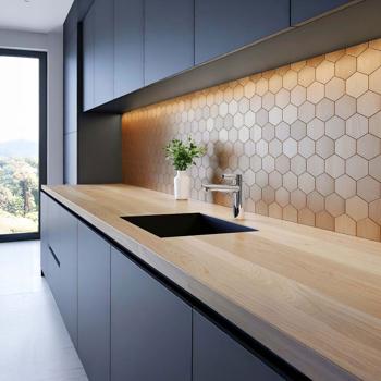 Preview: Self-adhesive tile stickers, hexagon wood effect – 4 pieces, 25 × 23.2 cm SPC wall tiles, waterproof – tiles for kitchen and bathroom walls