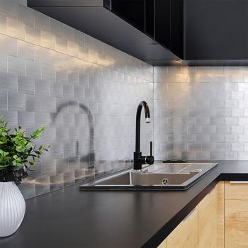 Preview: Self-adhesive tile stickers, chrome – 4 pieces, 25×25 cm SPC wall tiles, waterproof – tiles for kitchen and bathroom walls