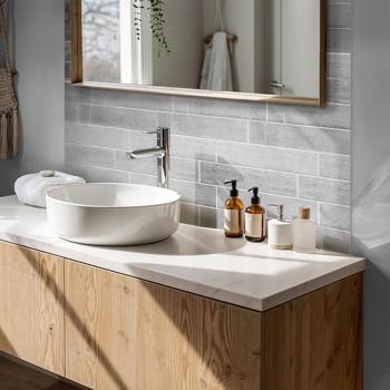 Preview: Self-adhesive tile stickers, stone grey – 4 pieces, 25x25 cm SPC wall tiles, waterproof – tiles for kitchen and bathroom walls