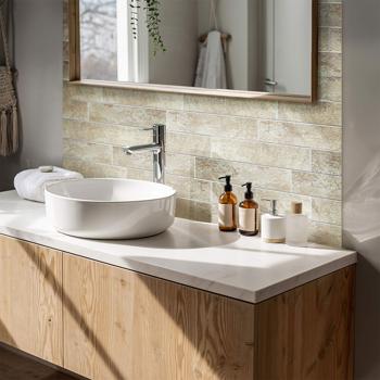 Preview: Self‑adhesive tile stickers, stone beige – 4 pieces, 25x25 cm SPC wall tiles, waterproof – tiles for kitchen and bathroom walls