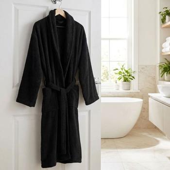 Comfortable black bathrobe made of 100% cotton terry with shawl collar, one size – ideal as dressing gown for sauna and wellness