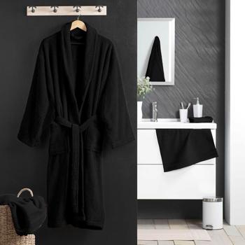 Preview: Comfortable black bathrobe made of 100% cotton terry with shawl collar, one size – ideal as dressing gown for sauna and wellness