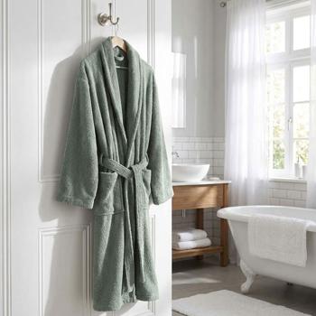 Comfortable cedar green bathrobe made of 100% cotton terry with shawl collar in one size – ideal as a dressing gown for sauna and wellness