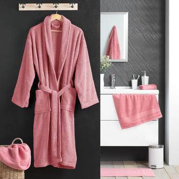 Preview: Comfortable pink bathrobe in 100% cotton terry with shawl collar, one size – ideal as a dressing gown for sauna and wellness