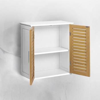 Preview: Beautiful wall cabinet in white & wood look for bathroom and kitchen: compact wall shelf & medicine cabinet as a practical hanging cabinet