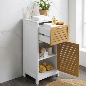 Elegant bathroom cabinet white & wood look 83x36.5x30 cm – modern bathroom cupboard & tall cabinet for bathroom, guest WC & home spa