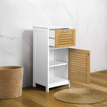 Preview: Elegant bathroom cabinet white & wood look 83x36.5x30 cm – modern bathroom cupboard & tall cabinet for bathroom, guest WC & home spa