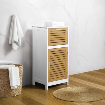 Preview: Elegant bathroom cabinet white & wood look 83x36.5x30 cm – modern bathroom cupboard & tall cabinet for bathroom, guest WC & home spa